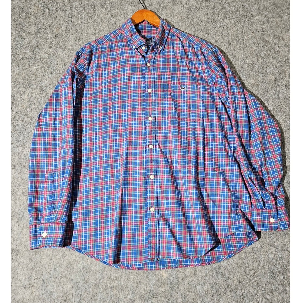 Vineyard Vines Button Down Shirt Men Large Classic Fit Tucker Blue Red Plaid